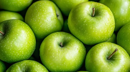 Green apples are stacked close together in a pile. They're bright and shiny, with smooth and slightly bumpy skin.