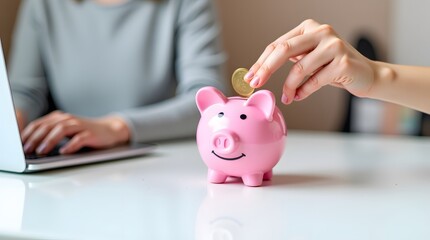Woman Putting Coin In Piggy Bank