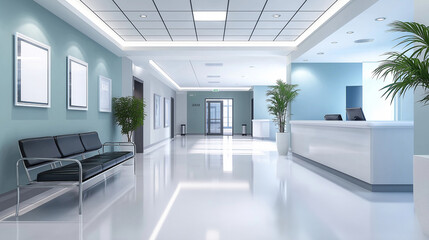 Clean and modern hospital reception area with comfortable seating 