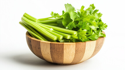 fresh celery vegetables in wooden bowl