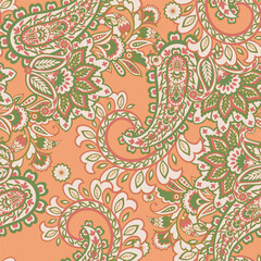 Hand drawn floral paisley seamless vector pattern. Batik style fabric