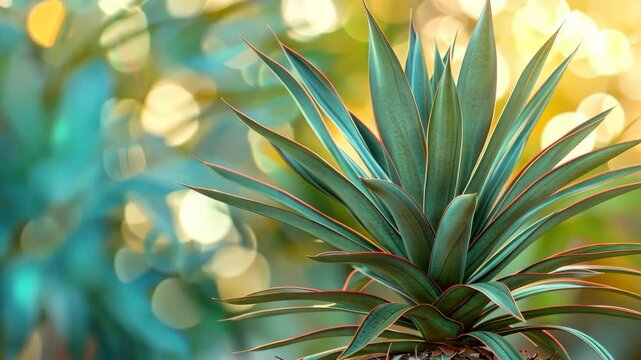 A close-up of an agave plant with vibrant blue-green leaves, bathed in soft sunlight