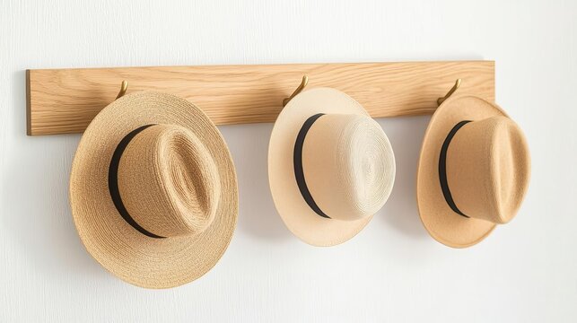Wooden wall hooks holding stylish hats, fashionable entryway, natural light highlighting textures, muted color palette, clean and contemporary design