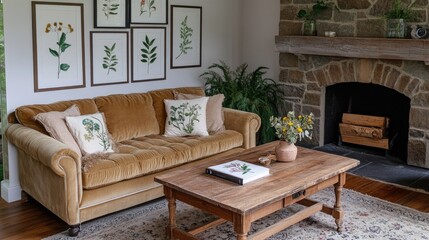 A cozy farmhouse sitting room with a plush velvet sofa