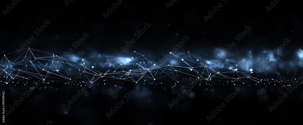Poster a 3d render of a block chain network with a distributed register, composed of lines, circles, and pa