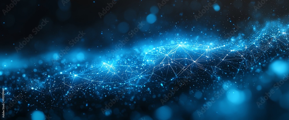 Poster distributed register technology, line, circles, and particles in the background. 3d rendering.