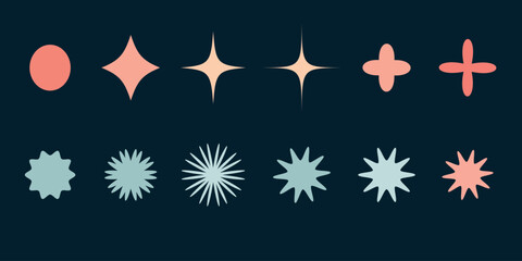 Set of y2k stickers for web-design.  Pack abstract shapes new year and winter colors. Vector illustration