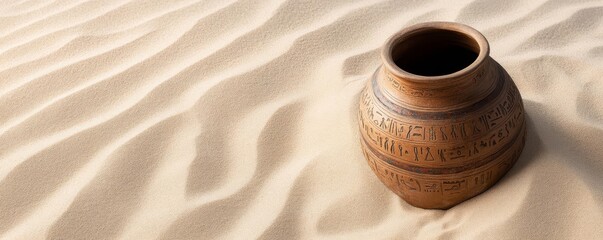 Old pottery jar with faint hieroglyphs, partially buried in the sand, representing lost Egyptian heritage