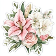 Obraz premium A cute sticker featuring a delicate bouquet mix of Pink lilies and white roses blooms in watercolor style