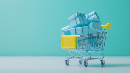 Colorful Shopping Bags and Cart on Minimalist Blue Background for Online Retail and E-commerce