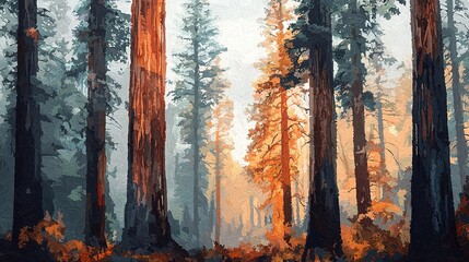 Sequoia tree forest in California at rainy autumn day. Abstract illustration in artistic painting style. Generative Ai