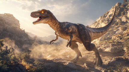 Fototapeta premium A dinosaur lunging forward in a battle stance, eyes glowing with intensity, with its scales glistening under dramatic lighting. The background features a