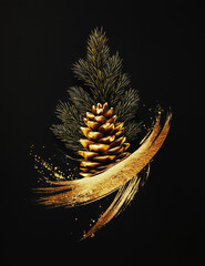 Golden pinecone and fir branches with elegant brush strokes on a black background, symbolizing holiday decor, luxury, and festive celebration