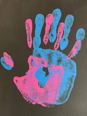 imprint of male and female hands on canvas with paints