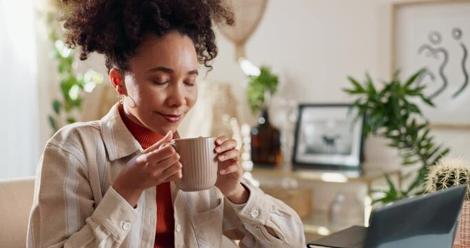 Woman, remote work and laptop with coffee for smell, drinking and typing information for business story. Freelancer, journalist and copywriting with espresso for aroma, news article and publication