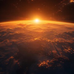 Fototapeta premium Sunrise From Space Illustration, Earth, Atmosphere, and Starry Sky