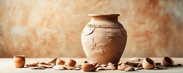 Pottery jar with rugged, rough textures, surrounded by broken pottery shards, representing an ancient pottery workshop