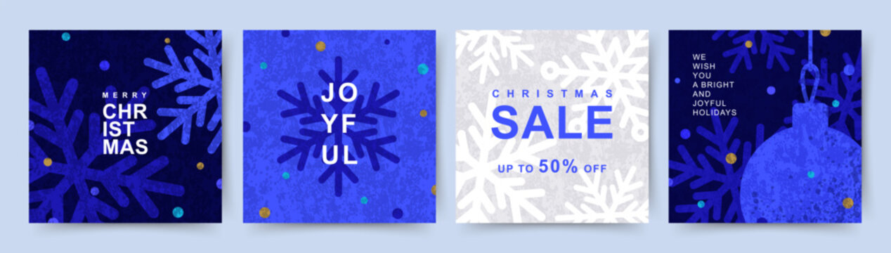 Merry Christmas and Happy New Year Set of greeting card, poster, holiday cover. Christmas sale, social media post with snowflakes in blue color. Winter illustration for ads, print, season banner 