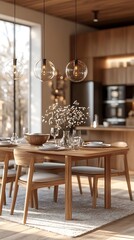 Illustration of a Modern Dining Room With Wooden Furniture, Pendant Lights, and White Flowers