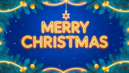 Naklejka premium Merry Christmas Celebrate on a beautiful glowing blue neon background