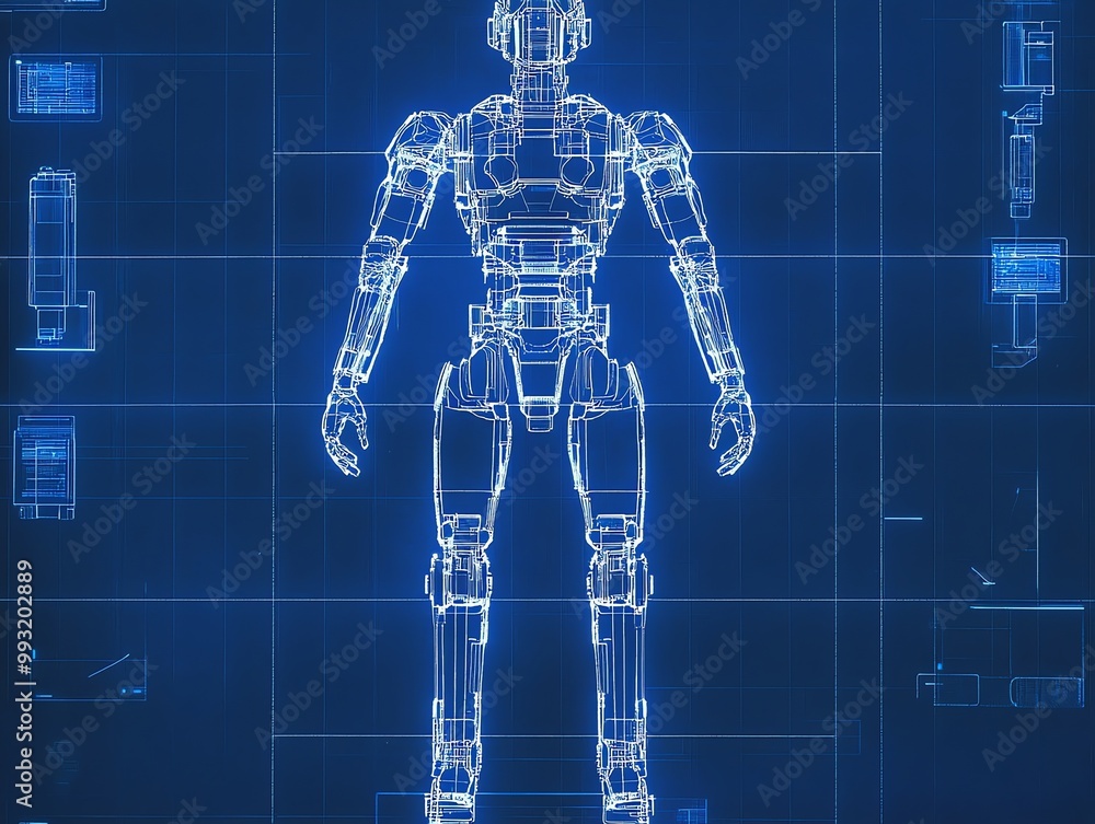 Aufkleber a digital rendering of a robotic figure, wireframe style, on a blue background with digital elements