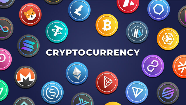 Popular cryptocurrencies banner concept,  vector illustration.  Сryptocurrency themed background