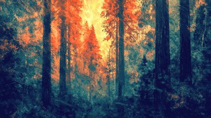 Sequoia tree forest in California at rainy autumn day. Abstract illustration in artistic painting style. Generative Ai