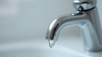 Close-Up of a Water Faucet with a Droplet