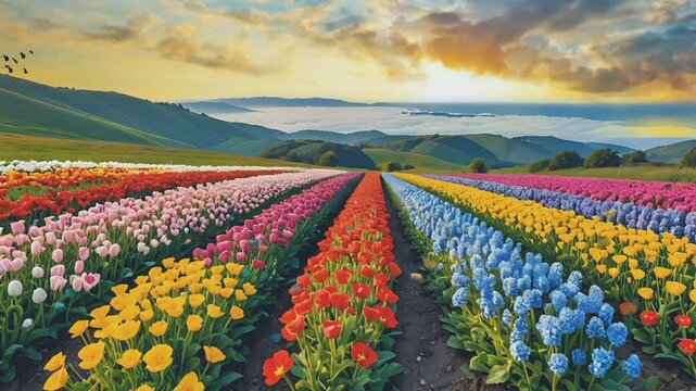 Blooming tulip fields at sunrise with colorful rows of flowers in peaceful rolling hills