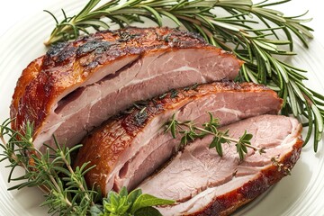 smoked pork meat with herbs on a plate.