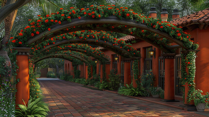 Obraz premium Arched Garden Walkway with Red Flowering Vines and Brick Path