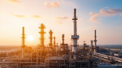 Fototapeta premium Aerial view of a massive oil refinery, complex network of energy pipelines, sprawling industrial plant, breathtaking landscape, early morning light casting long shadows