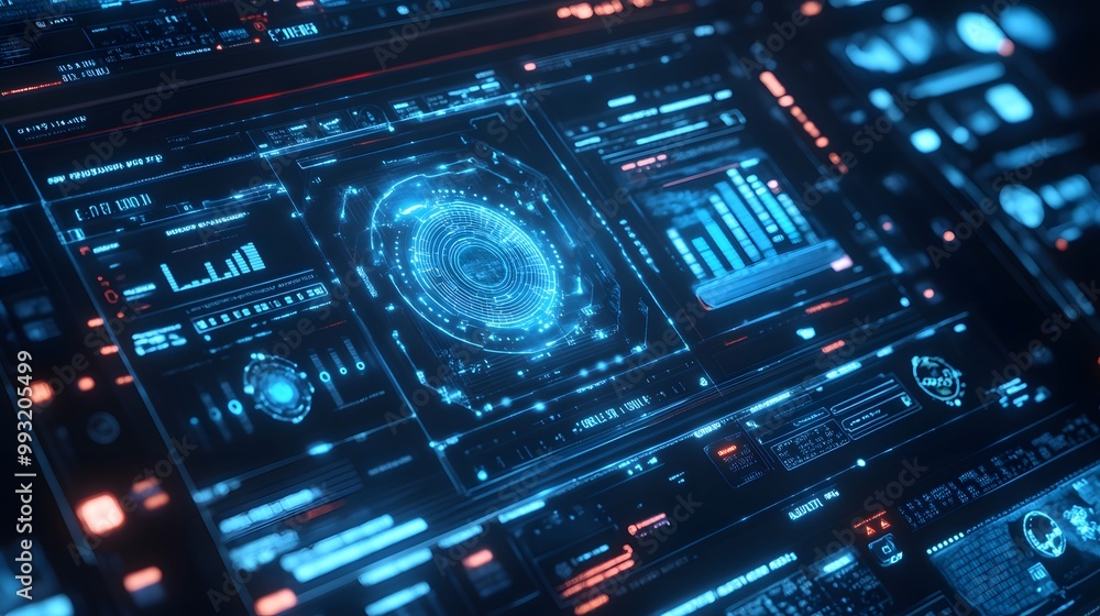 Poster futuristic interface with glowing blue and red data displays