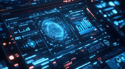 Obraz premium Futuristic Interface with Glowing Blue and Red Data Displays