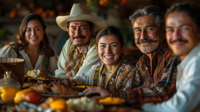 Hispanic Heritage Month . A warm and inviting scene of a Hispanic family gathered around a table for a traditional meal, their faces reflecting the joy of togetherness and shared heritage.
