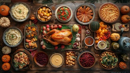 Fototapeta premium Thanksgiving and Harvest Festival. A rustic wooden table laden with a traditional Thanksgiving feast, featuring a roasted turkey, mashed potatoes, gravy, stuffing, cranberry sauce, pumpkin pie,