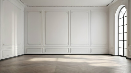 Empty studio against classic wall panels. Minimalist space with window shadow overlay on floor. Room mockup with luxury modern design. 