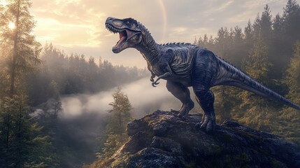A dinosaur roaring triumphantly atop a rocky outcrop, surrounded by a misty forest below. The fog swirls around its legs, and the light