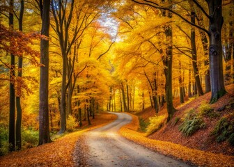 Fototapeta premium Golden forest path, winding road, yellow leaves carpeting, warm autumnal colors, inviting forest atmosphere, stunning landscape vistas.