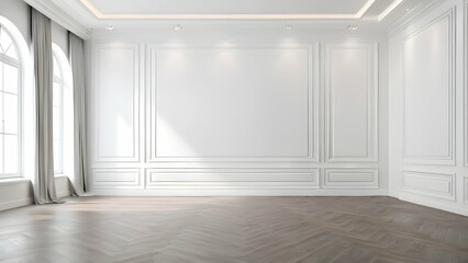 Empty room interior against white classic wall panels. Modern studio design. Bright minimalist space. Luxury space for displaying product.