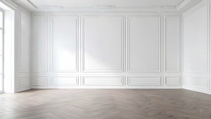 Empty room interior against white classic wall panels. Modern studio design. Bright minimalist space. Luxury space for displaying product.