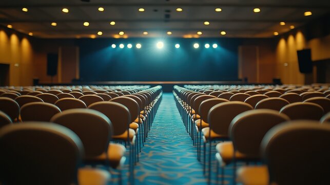 Empty conference hall with rows of chairs and stage lights focused on an empty stage, ready for an upcoming event.