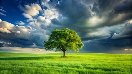 Obraz premium lone minimalist tree stands tall in vibrant green meadow with dramatic cloudy sky and shallow depth of field in panoramic format