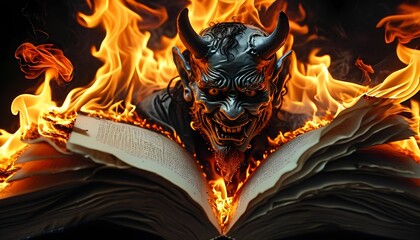 a real photograph a devil with flames around it, emerging from an open book with pages slightly ruffled