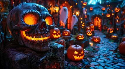 10. A Halloween display featuring a life-sized skeleton, glowing jack-o'-lanterns, and ghosts floating around in a haunted graveyard.