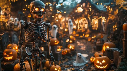 10. A Halloween display featuring a life-sized skeleton, glowing jack-o'-lanterns, and ghosts floating around in a haunted graveyard.