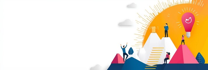 Illustration of teamwork and innovation on a mountain with light bulb concept.