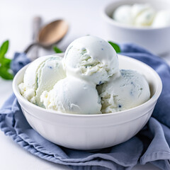 White Bowl Of Mint Flavored Ice Cream Scoops On White Background
