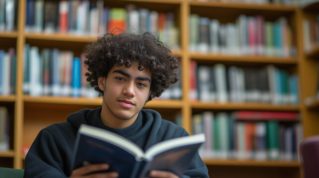 Teenager reading a book in a library surrounded by bookshelves