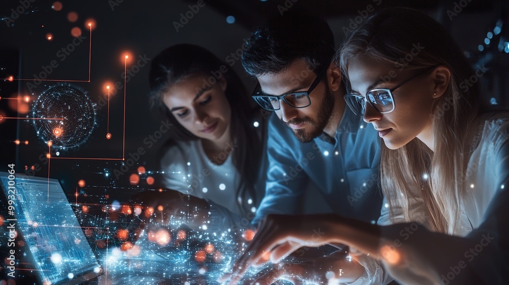 Poster three people collaborate on a computer, immersed in a glowing digital interface, showcasing teamwork